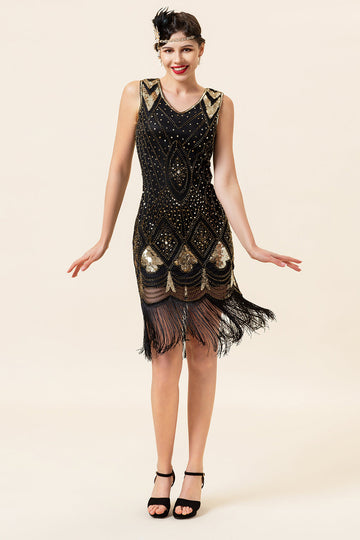 Svarte og gylne paljetter frynser 1920-tallet Gatsby Flapper kjole med 20-talls tilbehør sett